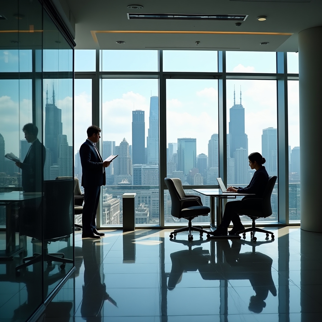 Chicago skyline viewed from a modern glass office building interior with professionals working