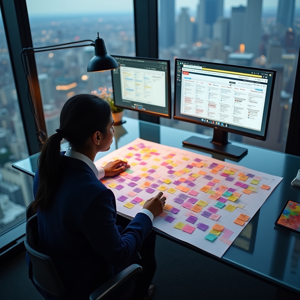 Content workflow mapped on a desk with notes and diagrams