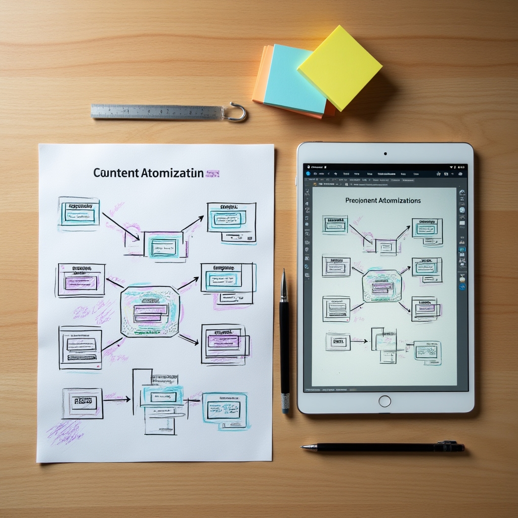 Framework diagram printed on paper with annotations and colored markers on a clean desk