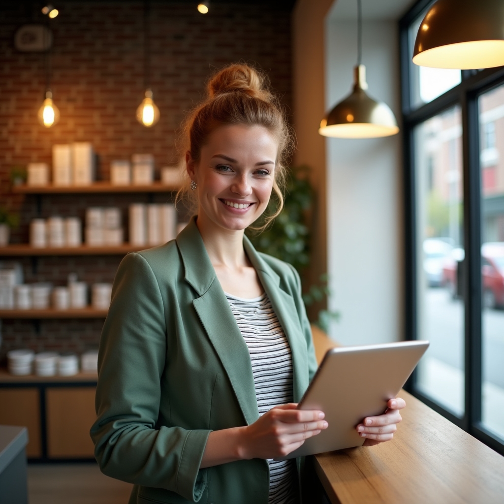 Small business owner planning content calendar on tablet in bright Chicago storefront