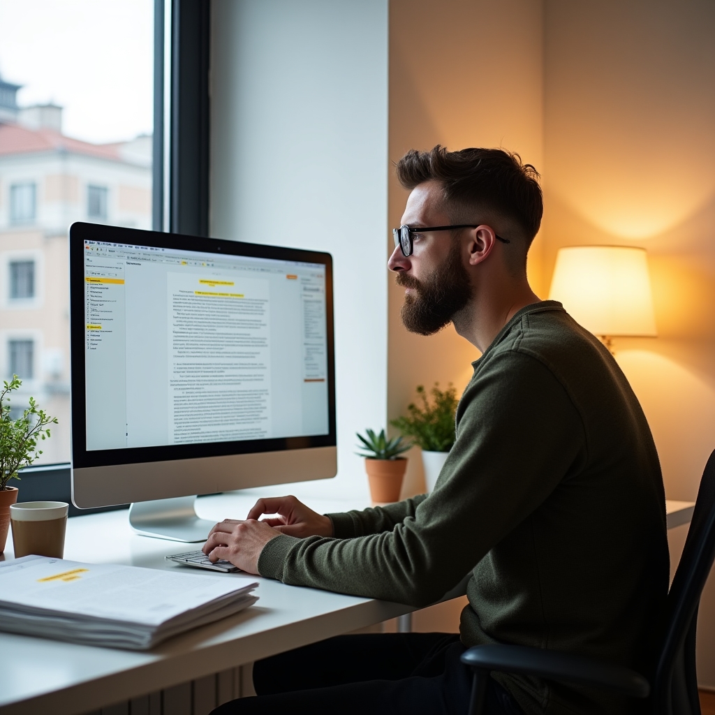 Writer at minimalist desk composing email newsletter on screen