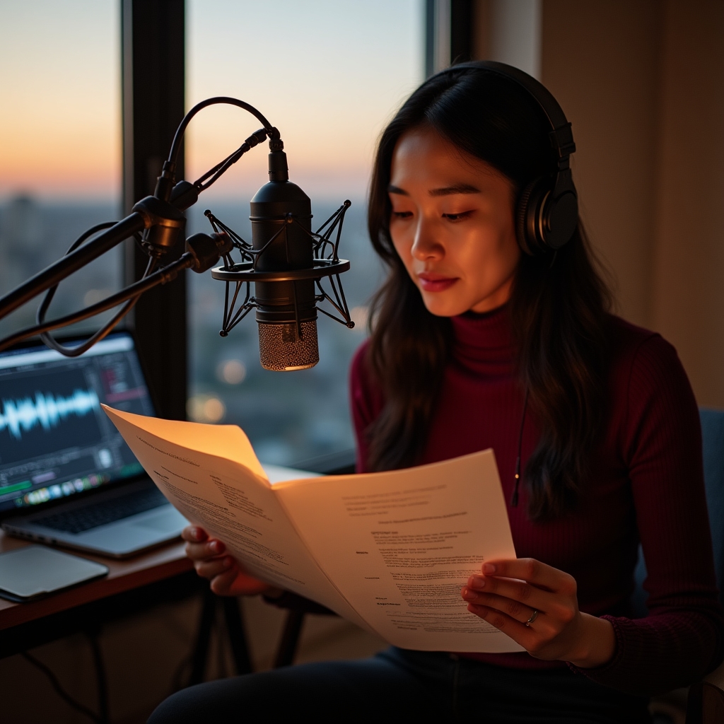 Content creator reviewing podcast script in professional recording setup