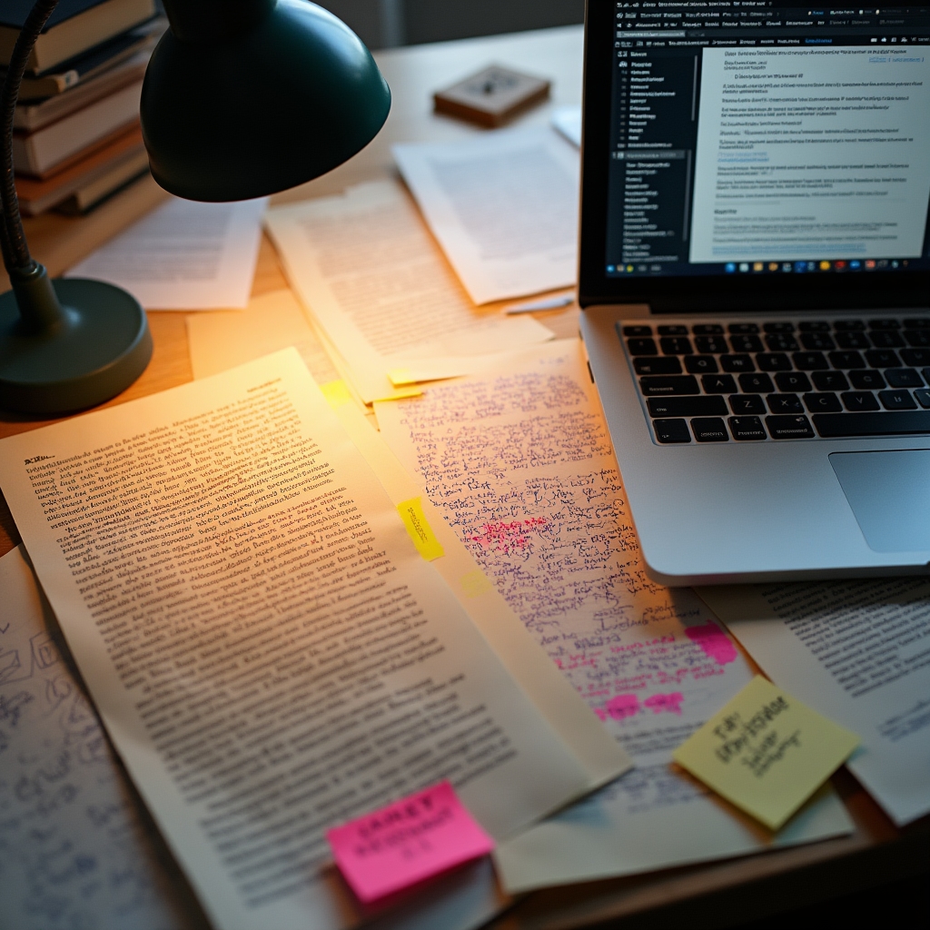 Researcher reviewing printed articles and handwritten notes spread across a wide desk